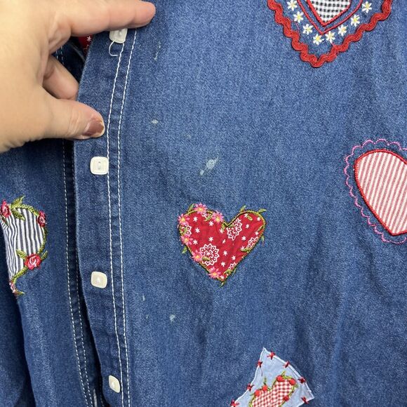 At Last Woman Size 22/24W Denim Button Up Shirt Hearts Embroidery Cottage Granny - Picture 3 of 13